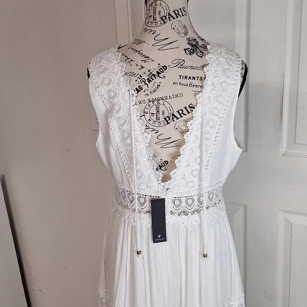 Lulus Spanish Sun White Sleeveless Tiered Lace Maxi Dress Sz XL NWT_8